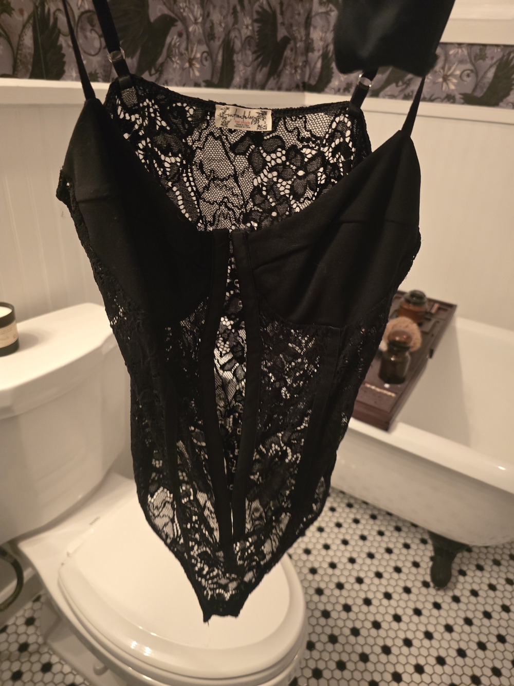 Free People Black Lace Bodysuit with Sheer Panels